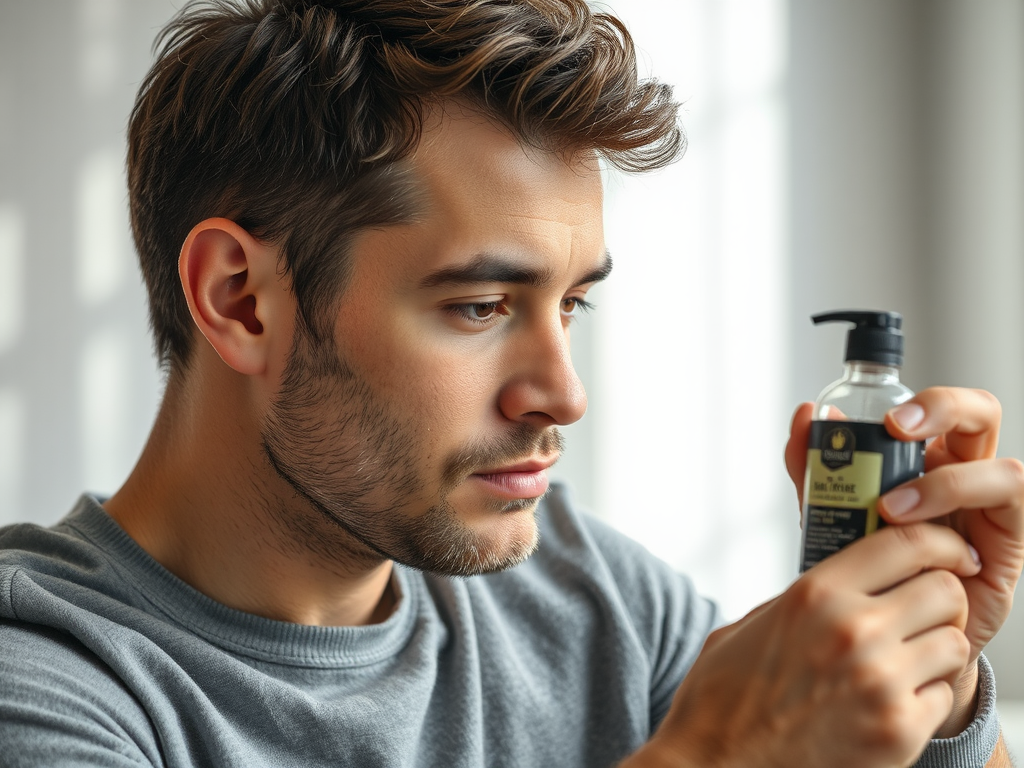 Man examining hair care product and hair growth results