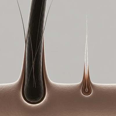 Microscopic view of healthy and miniaturized hair follicles side-by-side