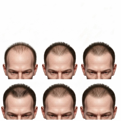 Illustration of the 7 stages of the Norwood Scale for male pattern baldness