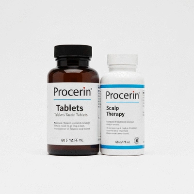 Procerin tablets and scalp therapy bottles on a clean background