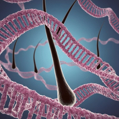 Microscopic view of hair follicles and genetic code strands, representing genetic influence on hair growth, no text, no words, no typography, clean image