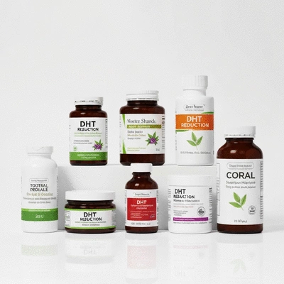 Various natural and medical solutions for DHT reduction displayed on a clean background