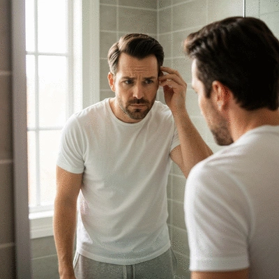 Man examining his hairline in a mirror