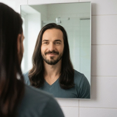 Man looking at his healthy hair in a mirror, symbolizing long-term hair regrowth success