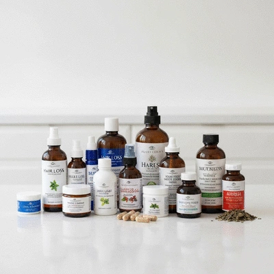 Variety of hair loss treatment products and natural remedies on a clean, modern surface, no text, no words, no typography, clean image