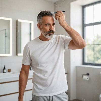Man applying topical hair loss treatment to his scalp in a bathroom mirror, clean image, no text