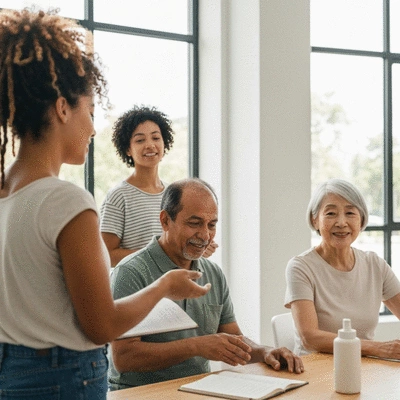A diverse group of people discussing hair care and restoration in a supportive community setting.