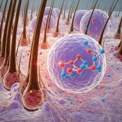 Microscopic view of hair follicles and prostate cells with DHT molecules being inhibited, clean image