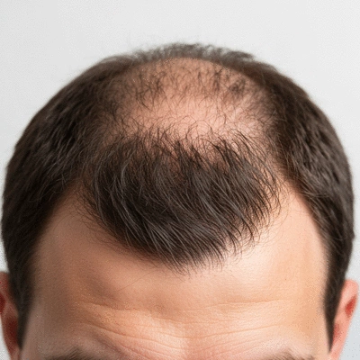 Close-up of a man's scalp showing early signs of hair thinning or receding hairline