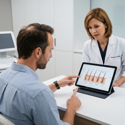 Man consulting with a hair loss specialist, looking at a diagram of hair follicles
