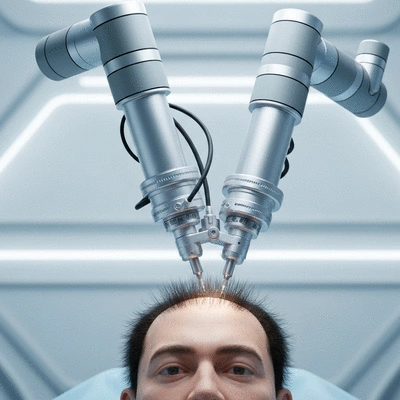 Advanced robotic arm performing hair transplant procedure with precision
