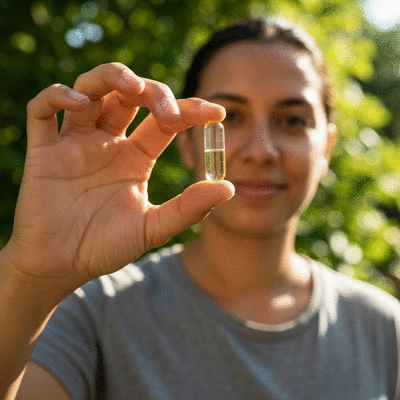 Person holding a transparent capsule of biotin supplement with green leaves in the background