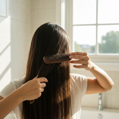 Person applying hair treatment, focusing on hair health