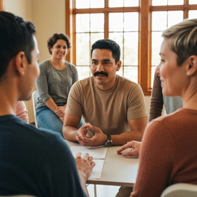 Group of men in a support group setting, listening and sharing, supportive atmosphere, natural lighting