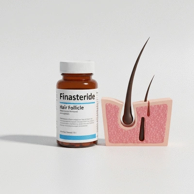 Finasteride pill bottle and hair follicle diagram