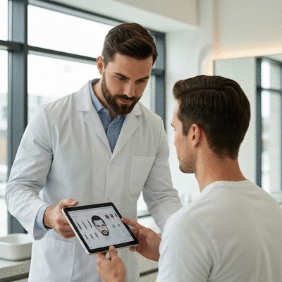 Professional hair specialist consulting with a client, showing hair analysis on a tablet
