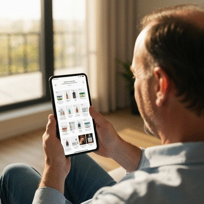 Person using a smartphone to research hair loss treatments, with various natural and pharmaceutical options displayed on screen