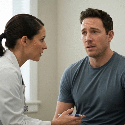 Close-up of a doctor and male patient discussing hair health