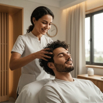 Man receiving a relaxing scalp massage in a modern clinic or spa setting