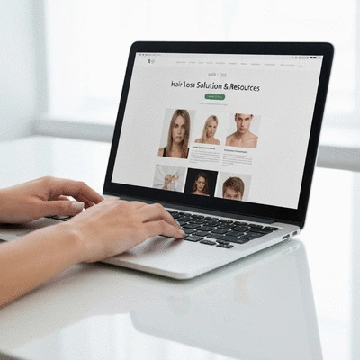Person researching hair loss solutions on a laptop, close-up of hands and screen
