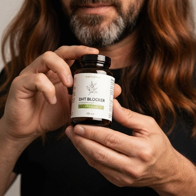 Close-up of a person holding a bottle of natural DHT blocker capsules, with a blurred background of healthy hair, no text, no words, no typography, clean image