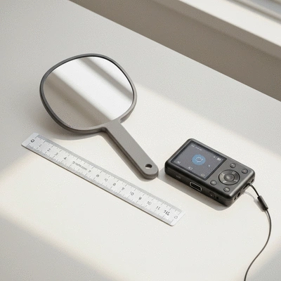 Hair growth measurement kit with ruler, small mirror, and camera