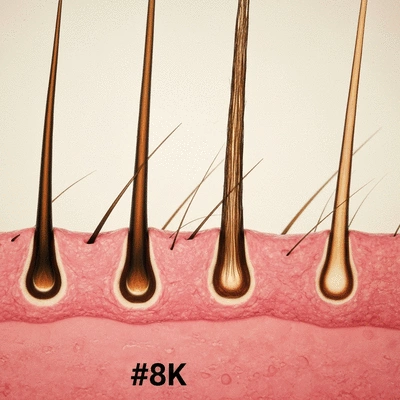 Microscopic view of healthy hair follicles and thinning hair follicles, illustrating the impact of hair loss on hair density.