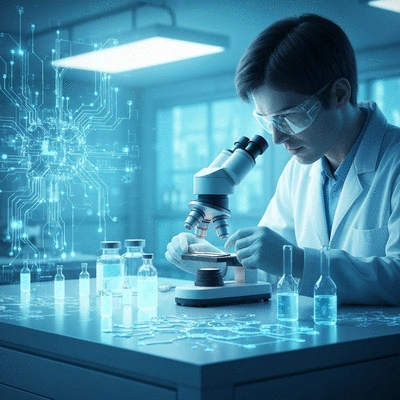 Futuristic depiction of hair restoration technology, such as gene therapy or stem cell research