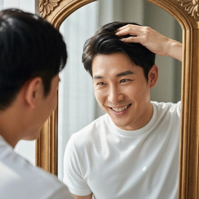 Person looking in a mirror and smiling, confidently touching their healthy-looking hair