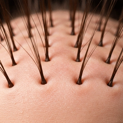 Close-up of a healthy scalp with strong hair follicles