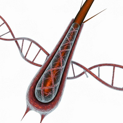 Microscopic view of hair follicles affected by DHT, with genetic strands interwoven, no text, no words, no typography, clean image