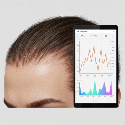 Close-up of a person's scalp showing hair density progress on a screen