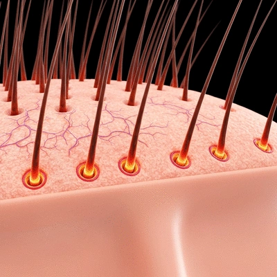 Microscopic view of hair follicles being stimulated by increased blood flow