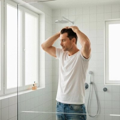 Man applying Procerin hair treatment in a bathroom mirror, focusing on hair density and scalp health, no text, no words, no typography, clean image
