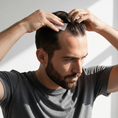 Person applying a topical hair loss treatment to their scalp
