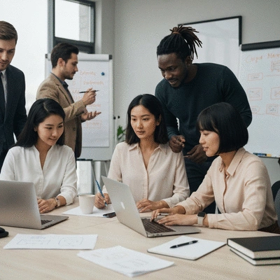 A diverse team of marketing professionals collaborating on a digital marketing strategy for a hair restoration clinic