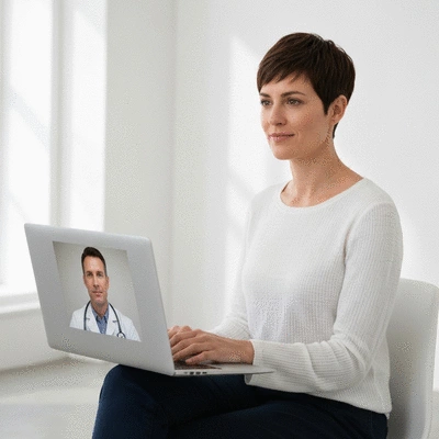 Person using a laptop for a telehealth consultation with a doctor about hair loss, clean and modern setting, no text, no words, no typography
