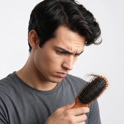 Person looking at hair in a brush, concerned about hair shedding