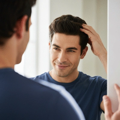 Man looking confidently at his healthy, thick hair in a mirror