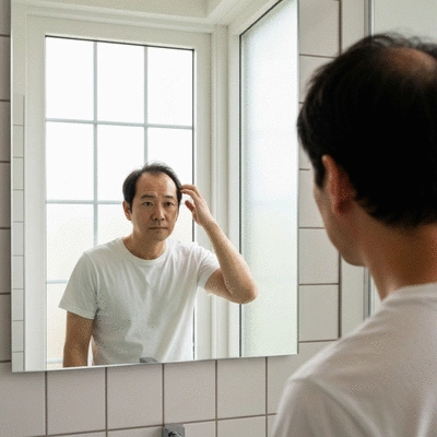 Man looking in mirror, touching thinning hair, considering treatment options