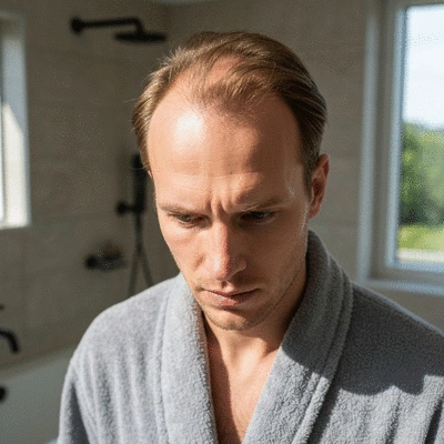 Close-up of a man looking concerned about his thinning hair, in a modern, well-lit bathroom, no text, no words, no typography, clean image