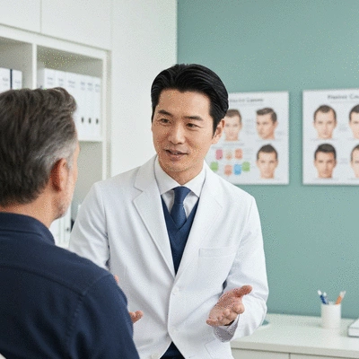 Doctor and patient discussing hair loss treatment options in a modern clinic setting, with charts or diagrams visible in the background, no text, no words, no typography, clean image