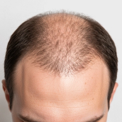 Close-up of a man's scalp showing early signs of hair thinning and a receding hairline