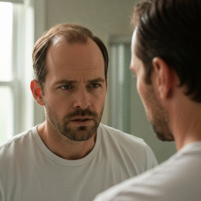 Man looking at his receding hairline in a mirror, concerned expression, natural lighting