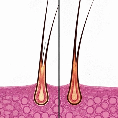 Microscopic view of hair follicles affected by DHT, with healthy and miniaturized follicles side by side