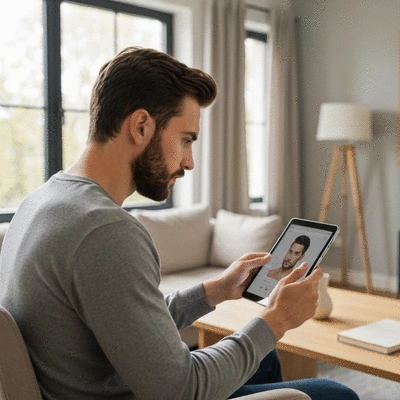 Person researching hair regrowth products on a laptop or tablet