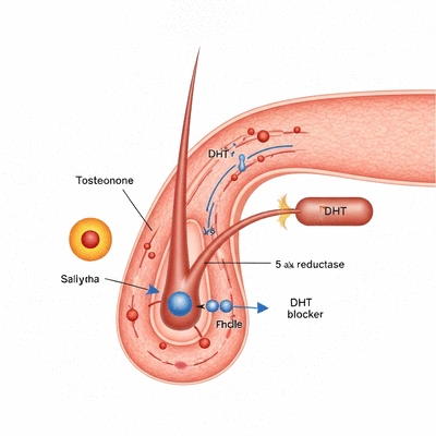 Scientific illustration of DHT blocking mechanism in hair follicles
