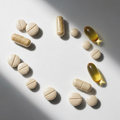 Various hair growth supplement pills and capsules on a clean white surface