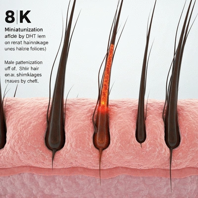 Microscopic view of hair follicles affected by DHT