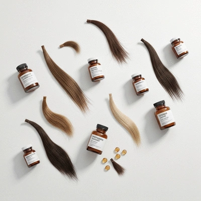 Conceptual image of personalized hair care, with different vitamin bottles and hair strands on a clean background, no text, no words, no typography, clean image